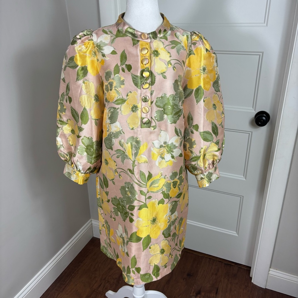 Tuckernuck Pink Floral Brocade Puff-Sleeve Dress with Yellow & Green Accents